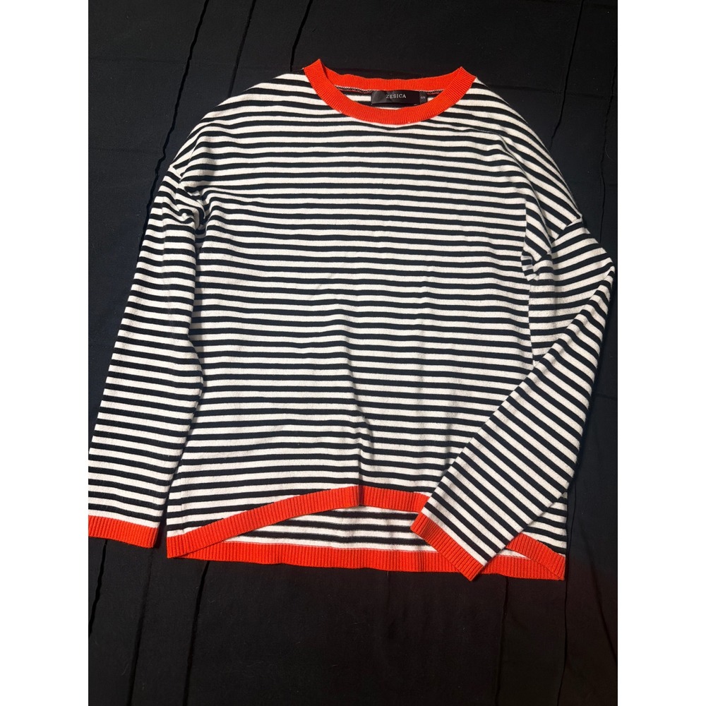 ZESICA Womens Striped Crew Neck Sweater Orange Trim High Low Knit Pullover Small